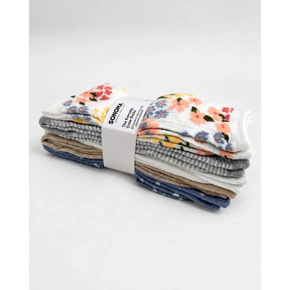Sonoma Women's Everyday Crew Socks 5 Pack Floral Polka Dot Size 4-10 NWT